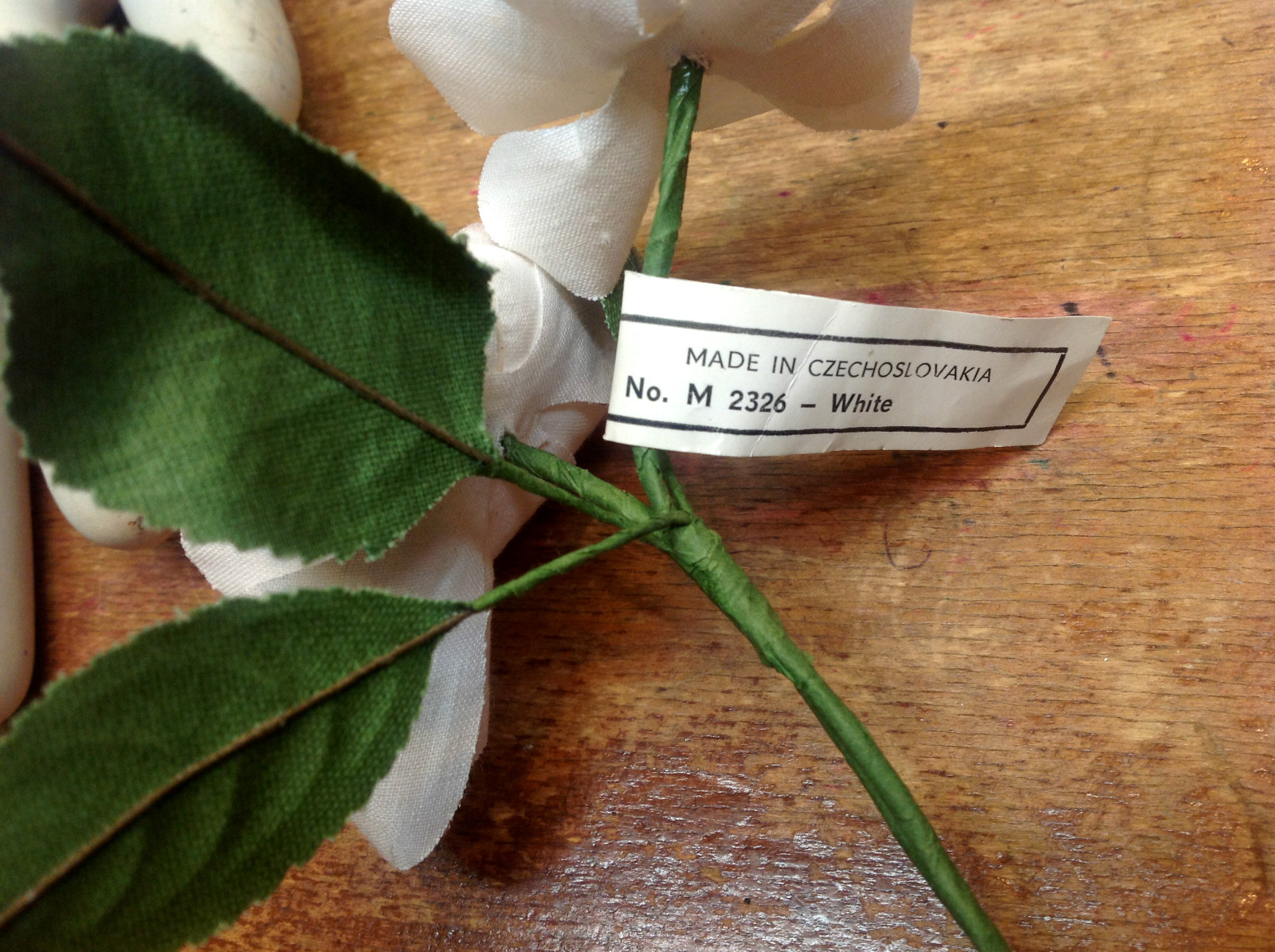 vintage linen silk white double gardenia leaves made in Czechoslovakia 1 spray
