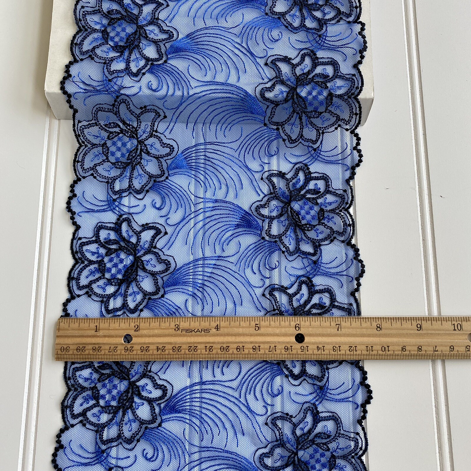Royal Blue & Black Embroidered Double-edged Lace Trim /Sewing/Crafts/7.5″ Wide