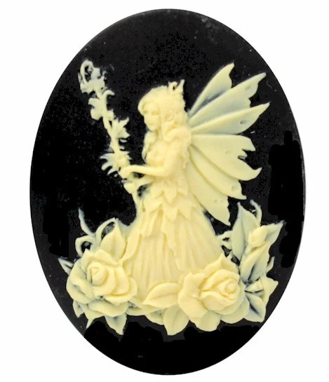 40x30mm Fairy with staff and roses Nymph Resin Cameo Cabochon Black and Ivory S2