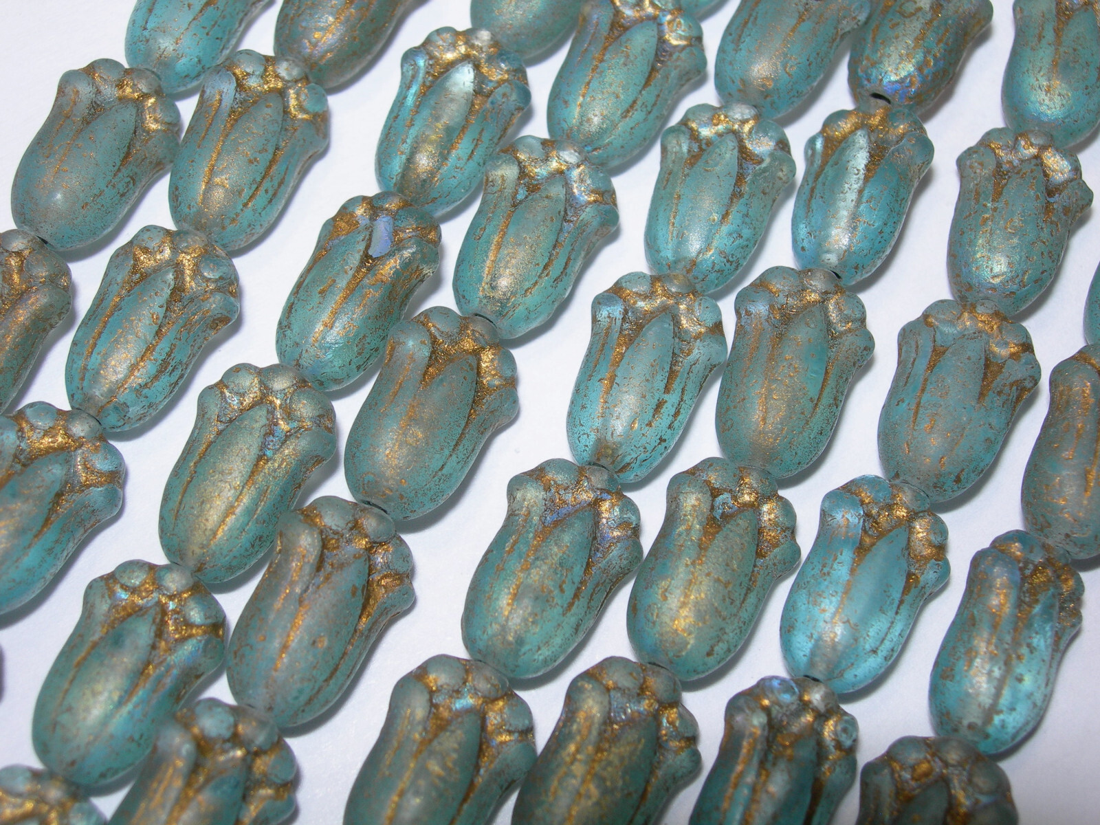 12 beads – Matte Light Blue with Bronze Czech Glass Tulip Flower Beads 10x7mm