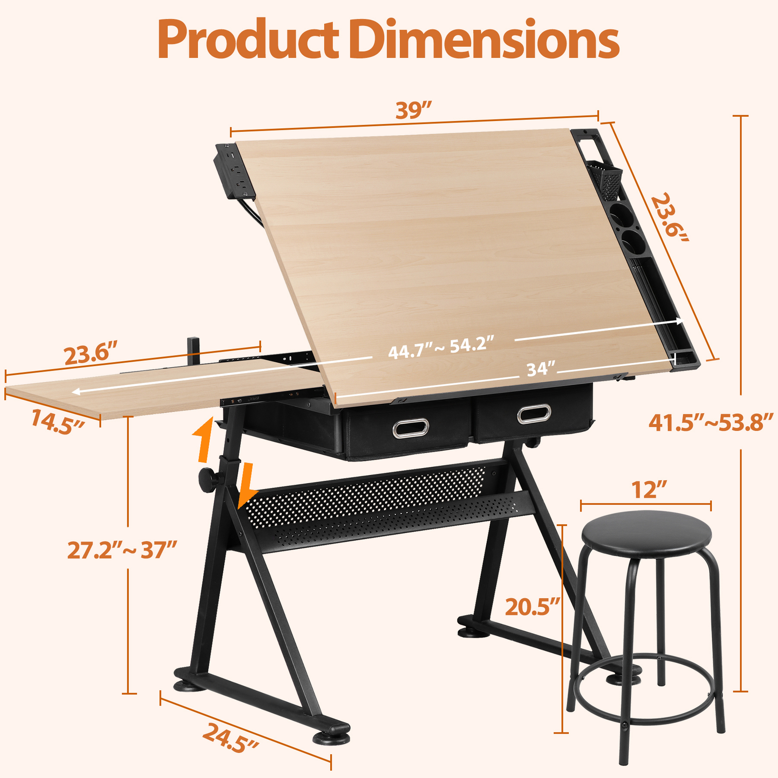 Adjustable Artist Table Tilted Tabletop Drafting Stool & Storage Drawer Natural