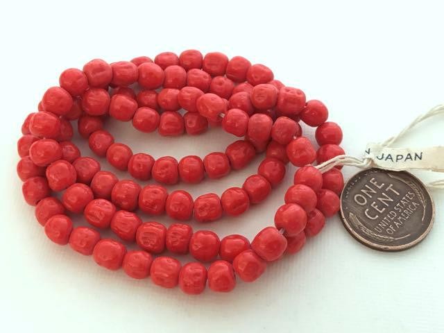 Vintage Cherry Brand 5 – 6mm Dimpled Tomato Red Glass Beads Japan 30