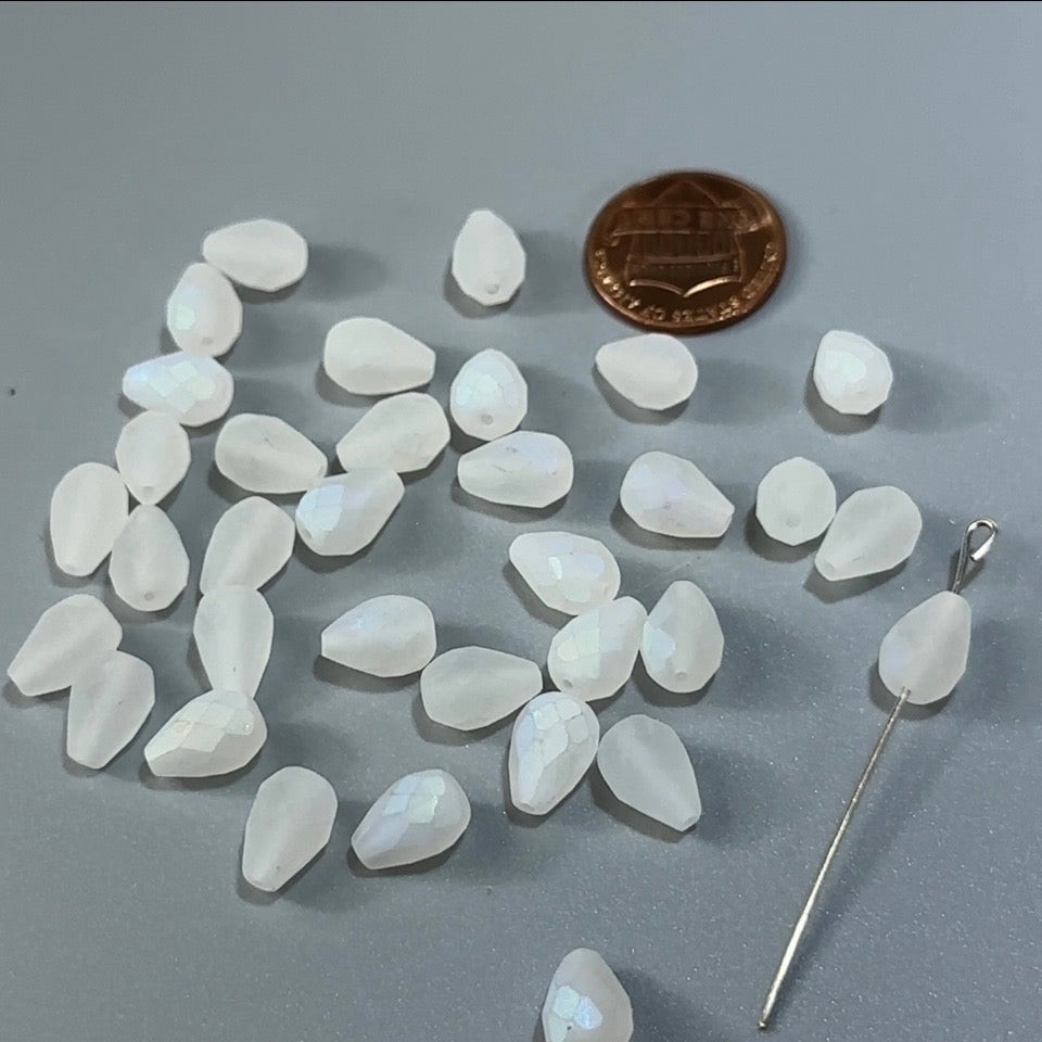 Czech Glass Pear Fire Polished Beads 10x7mm Matted Crystal Lt AB Tear Drops, 30p