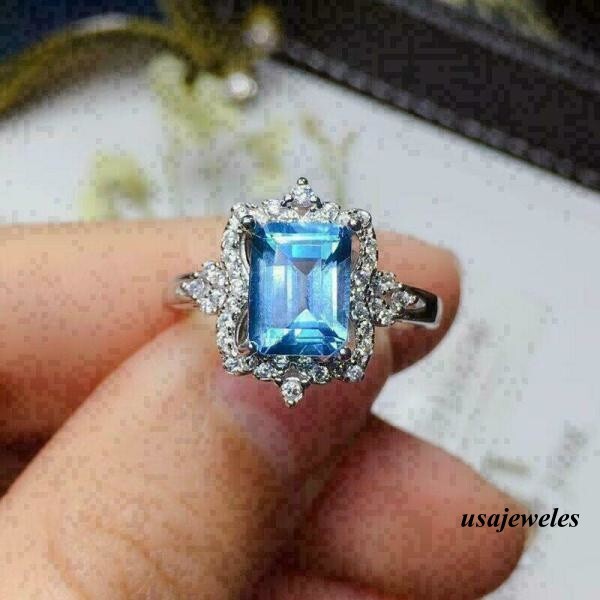 Emerald Cut 2CT Real Aquamarine Wedding Halo Jewelry Ring 14K White Gold Finish