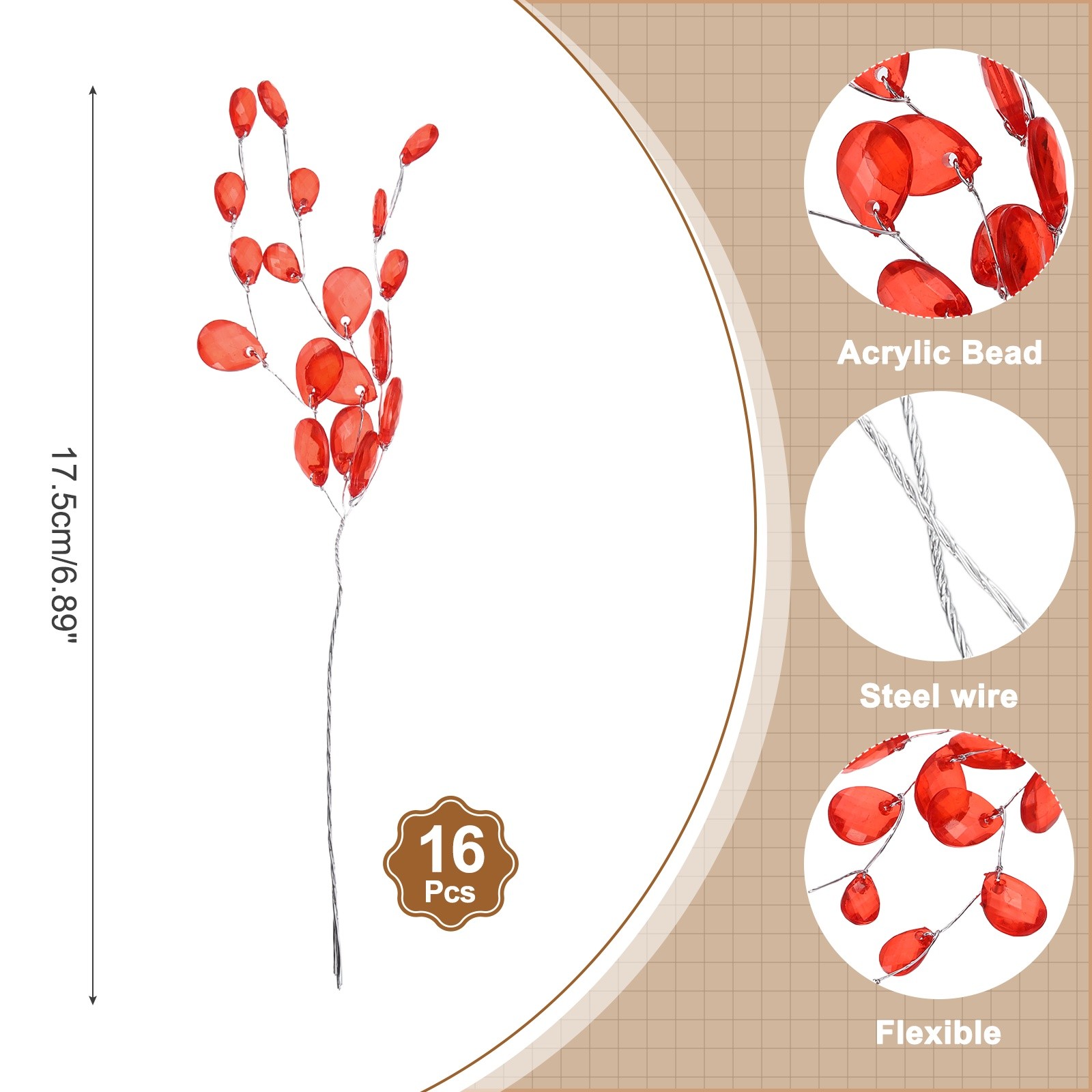 16 Pcs Acrylic Bead Drop Stems, Crystal Floral Picks Bouquets Flowers, Red