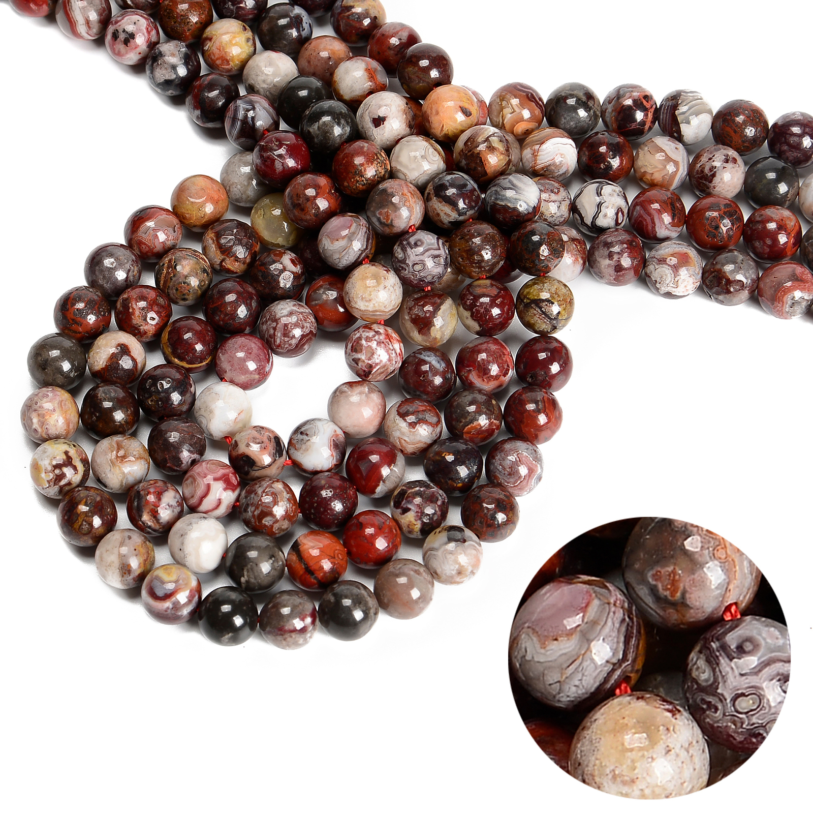 Natural Mexican Crazy Lace Agate Smooth Round Beads 6mm 8mm 10mm 15.5” Strand
