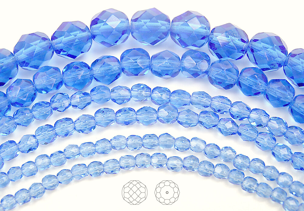 Czech Glass Fire Polished Round Faceted Beads in Light Sapphire 16” strand, blue