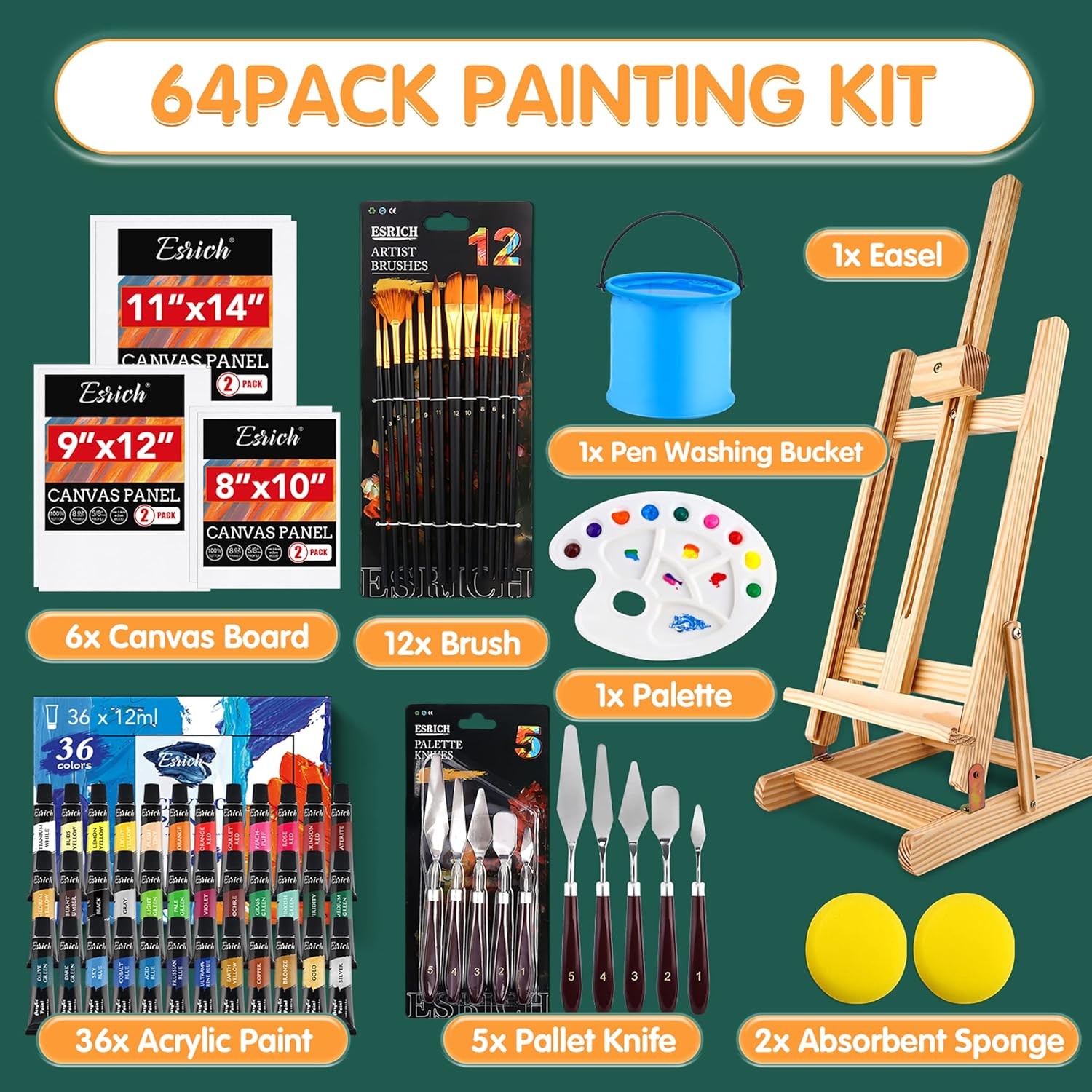 ESRICH Acrylic Paint Set,64PCS Painting 14.76 Fl Oz (Pack of 1), 36Color