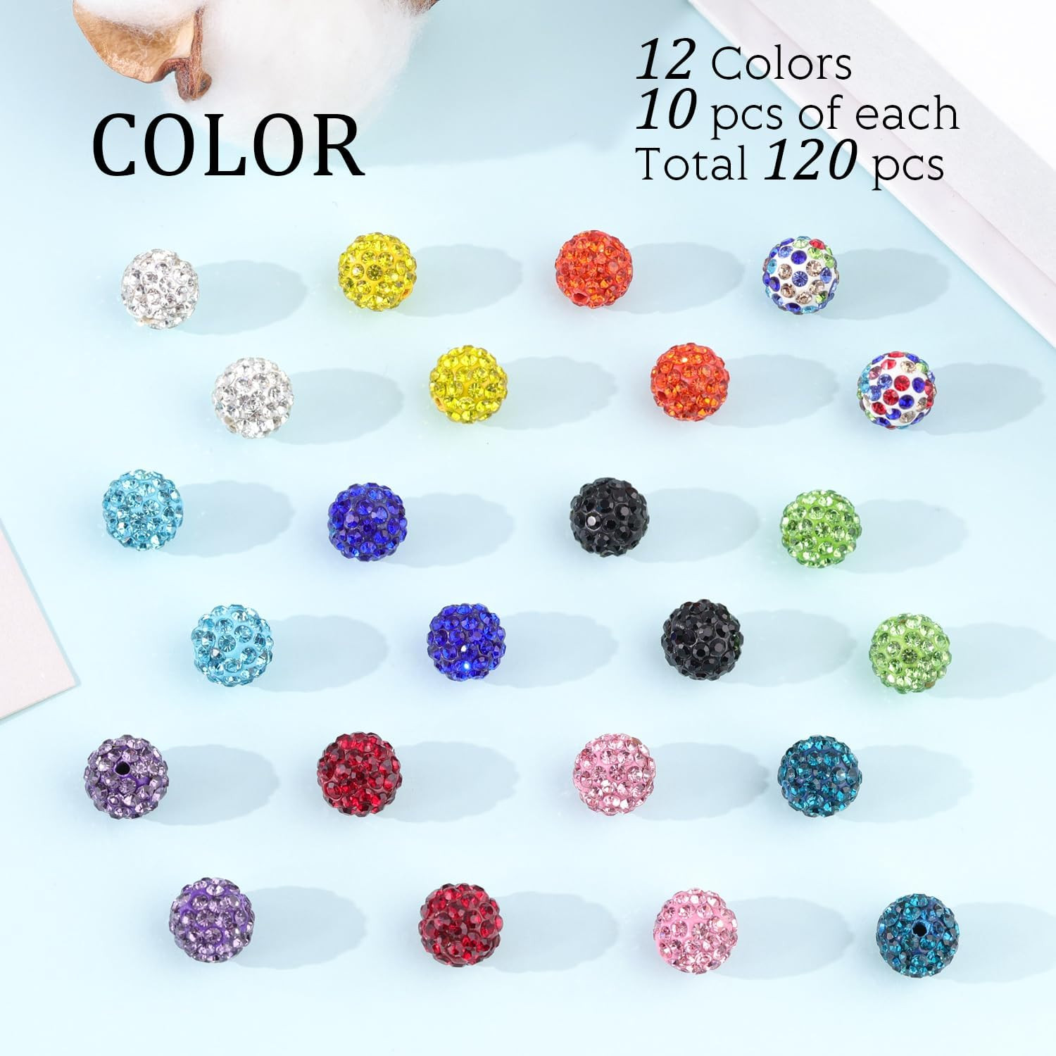 120 pcs 10mm Rhinestone Beads for Jewelry Making, 12 Mixed Colors Shiny Round Sh