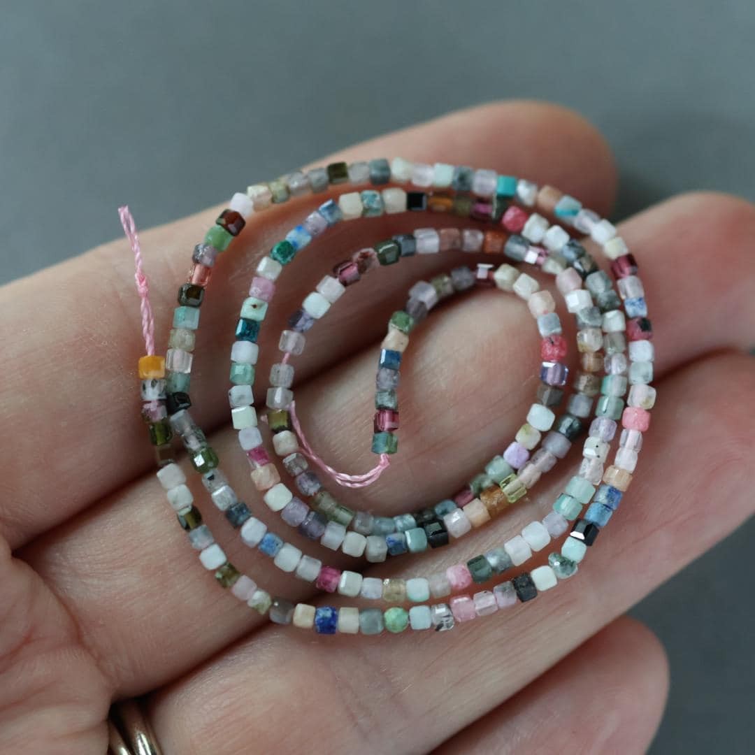 Colorful Multi Gemstone Cube Beads 1.8mm 15″ – Tiny Natural Gemstone