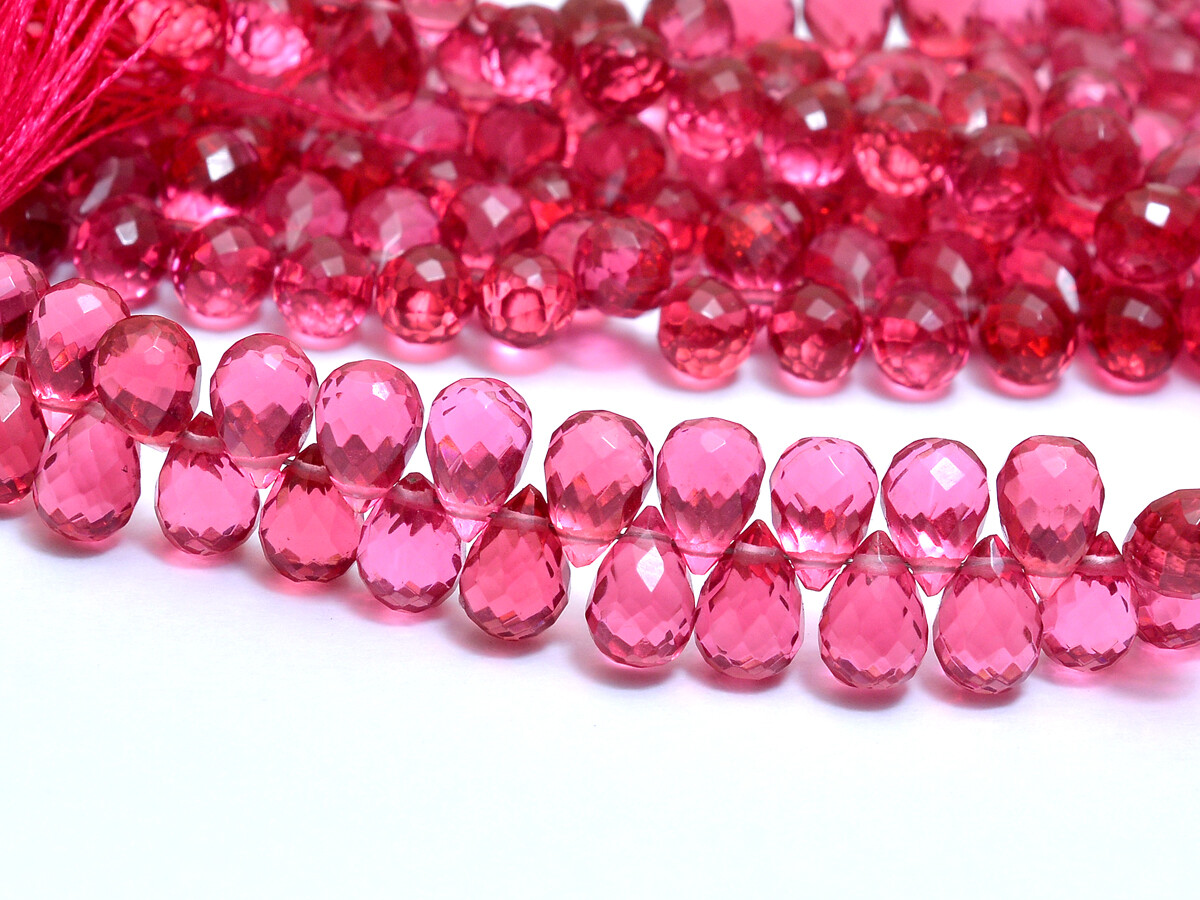 AAA+ Rubellite Tourmaline Quartz 7x5mm Faceted Teardrop Briolette Beads 7″Strand