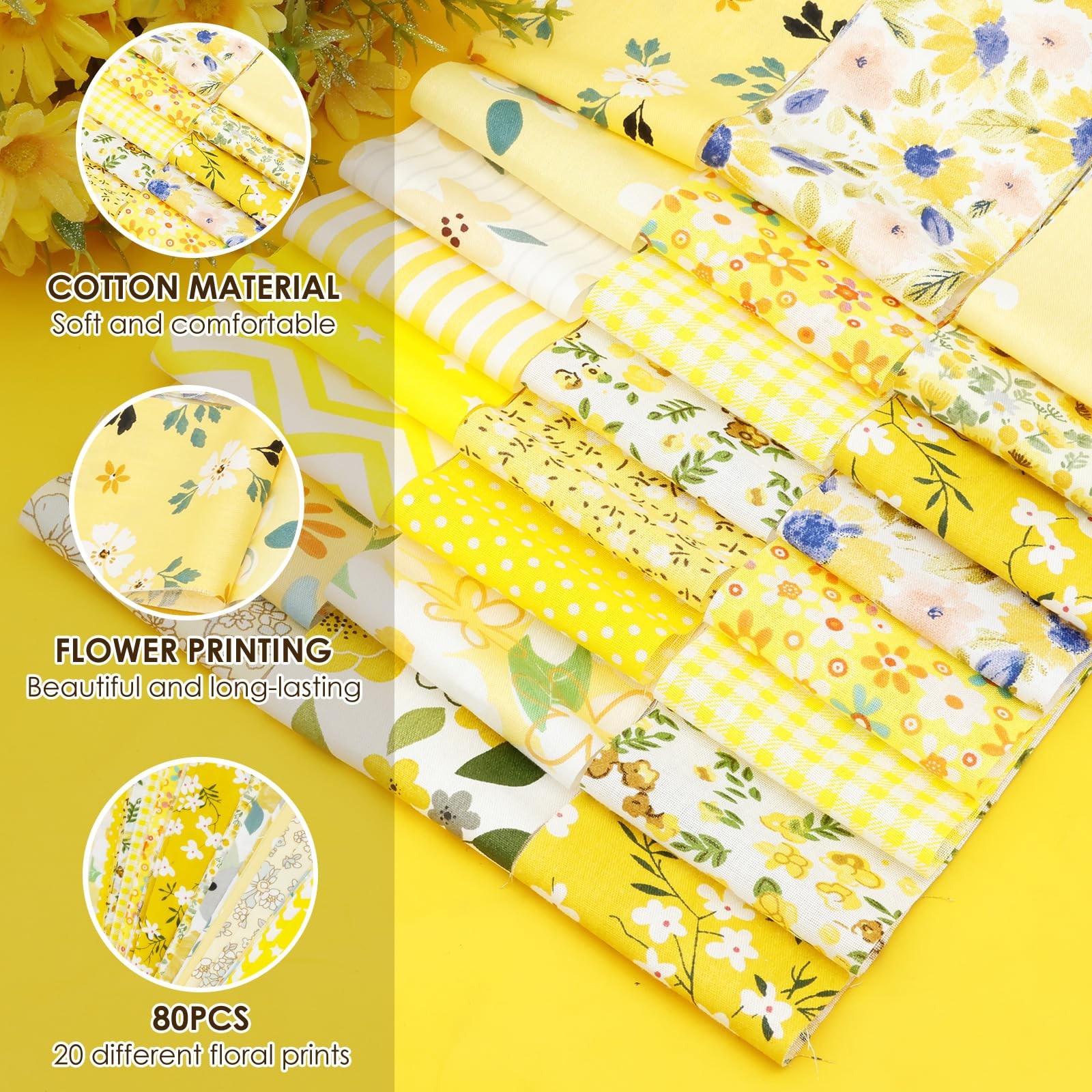 80 PCS Pre-Cut Jelly Roll Fabric Strips 2.5×20 Inch Cotton Quilting Yellow