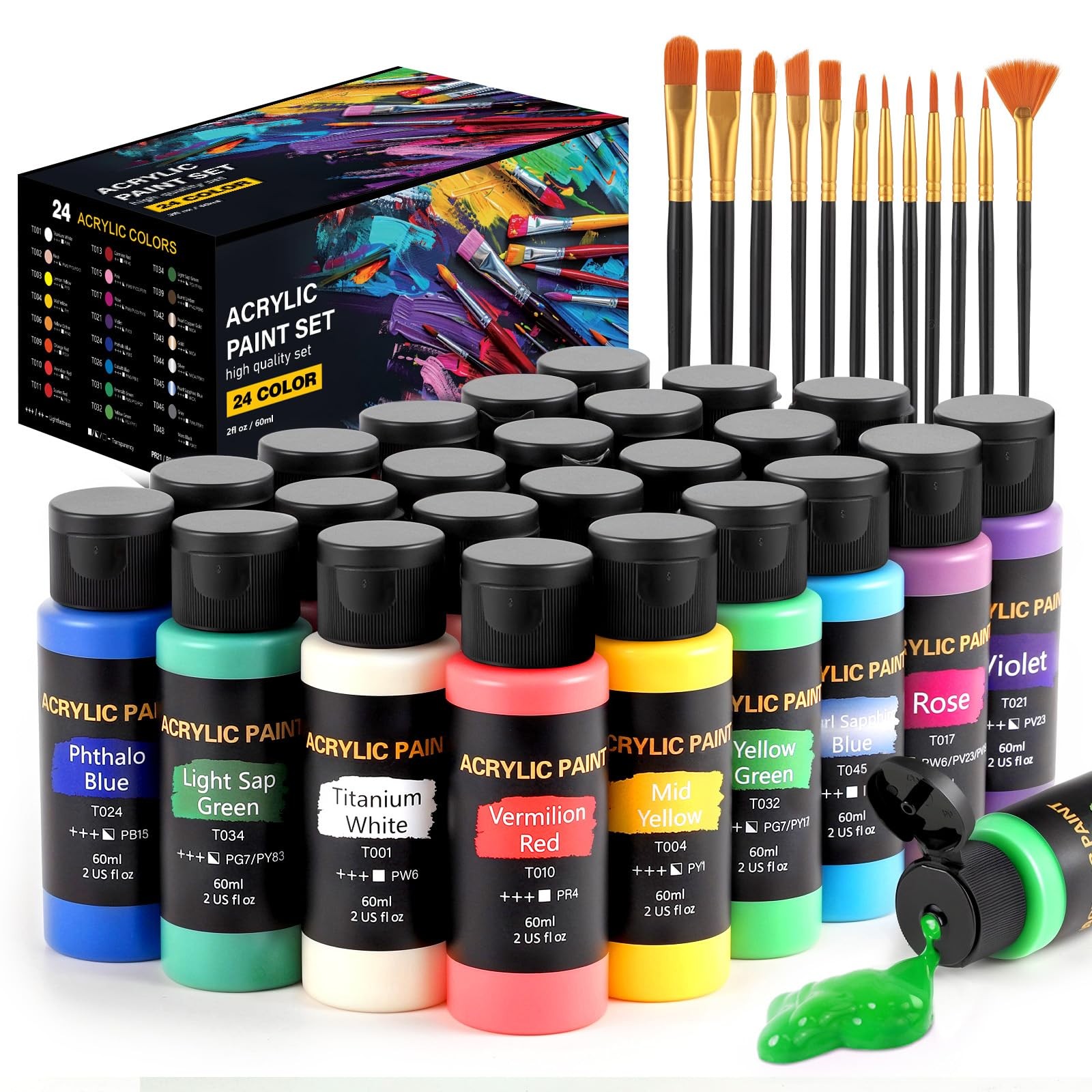 Acrylic Paint Set, 24 Colors (2 oz/Bottle) with 12 Art Brushes, Art Supplies