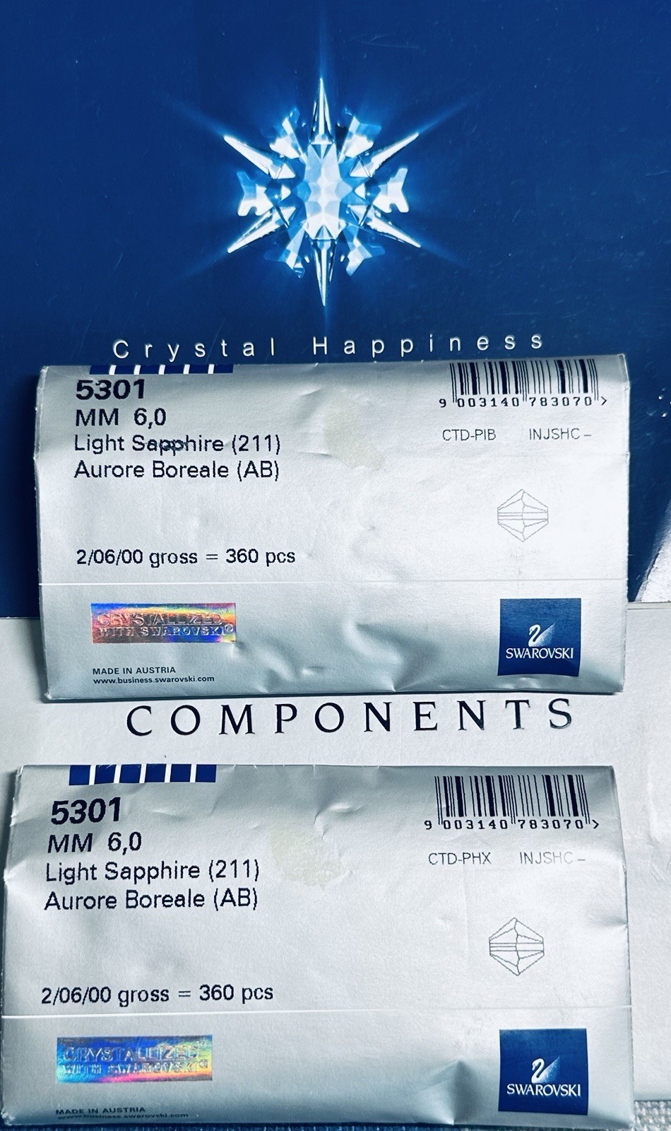 Swarovski 5328 6mm Light Sapphire AB Seal Pack 360pcs Austrian Bicone NP Crystal