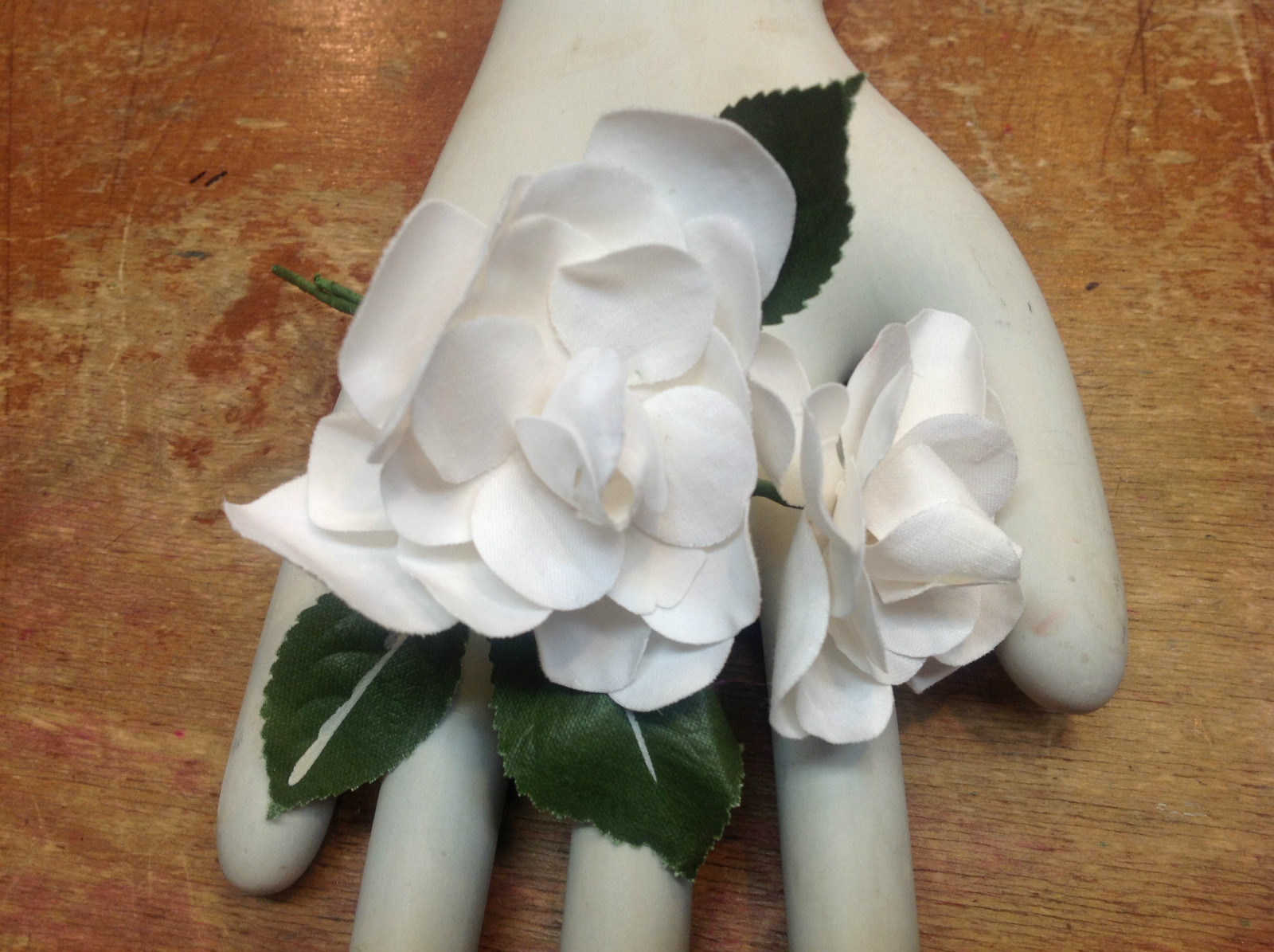 vintage linen silk white double gardenia leaves made in Czechoslovakia 1 spray