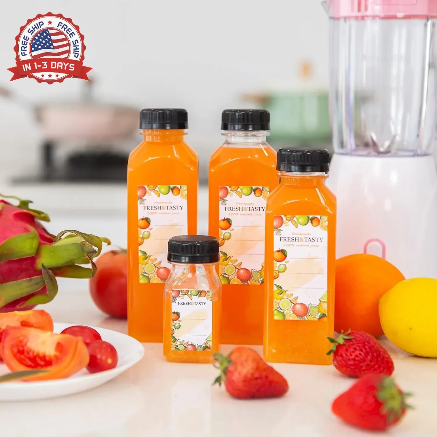 100pcs 4oz Plastic Juice Bottles with Caps, Sticker Labels, Brush | Reusable Sma