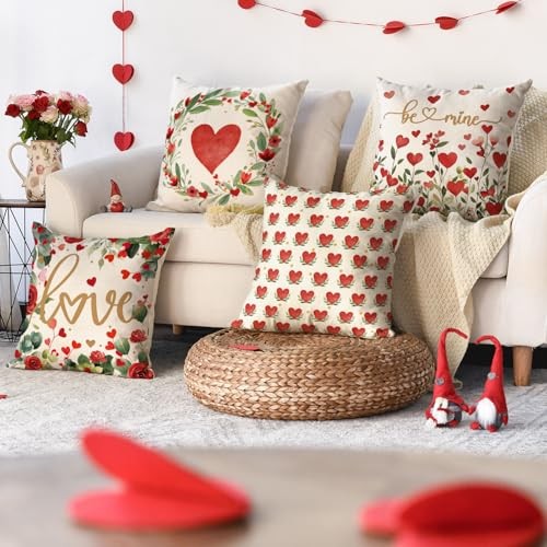 Valentine’s Day Love Heart Throw Pillow Covers, 18 x 18 18″ x 18″ (Pack of 4)