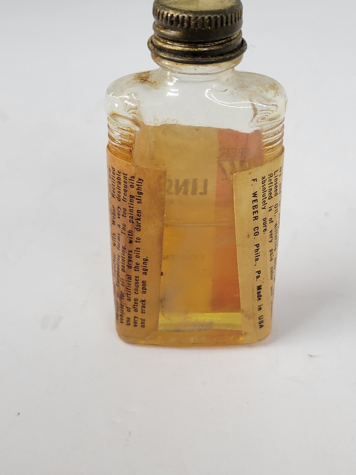 Partial 1/2 fl oz Bottle Artist’s Linseed Oil Vintage F Weber Co