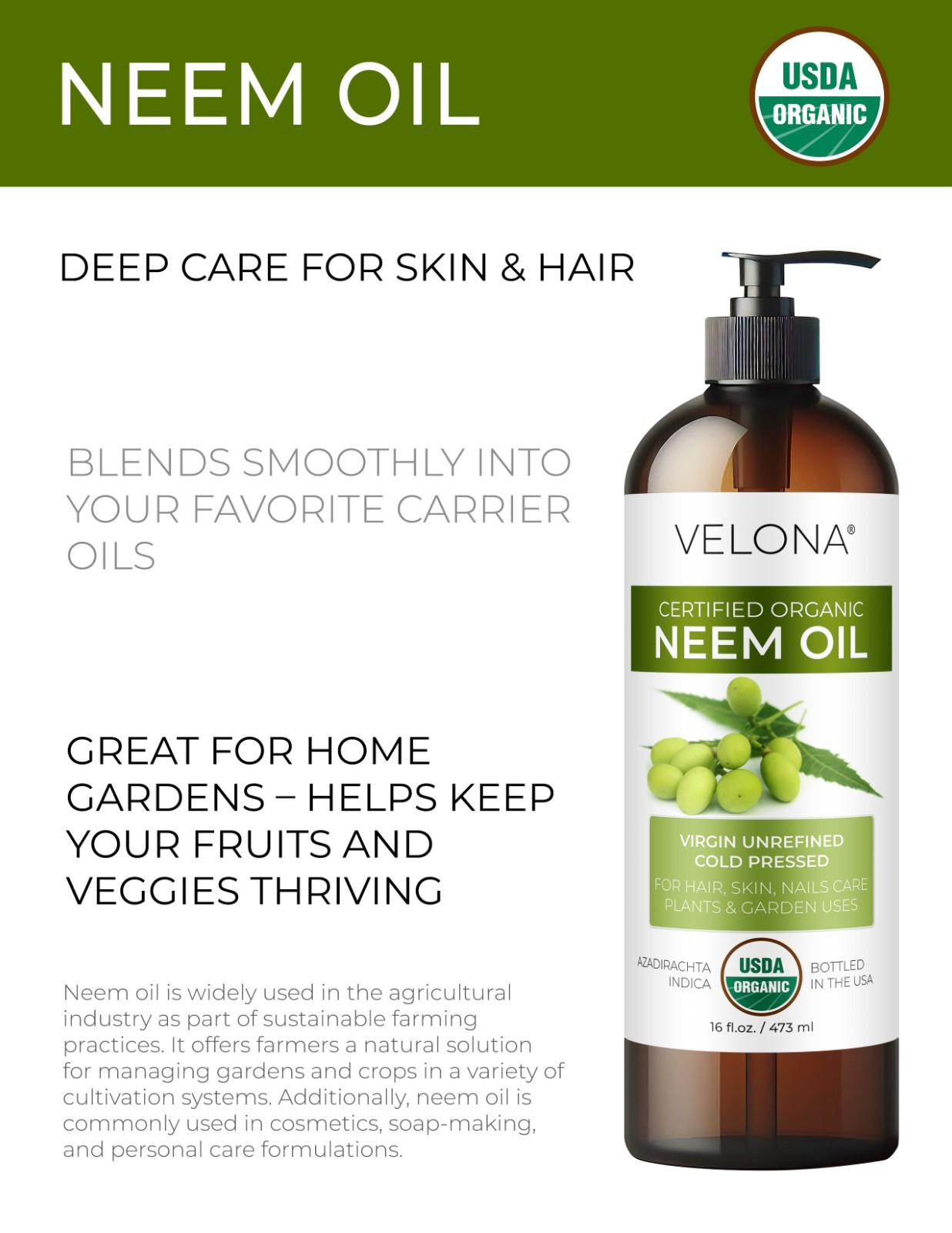 Velona Neem Oil USDA Certified Organic – 32 oz Virgin, Unrefined, Cold Pressed