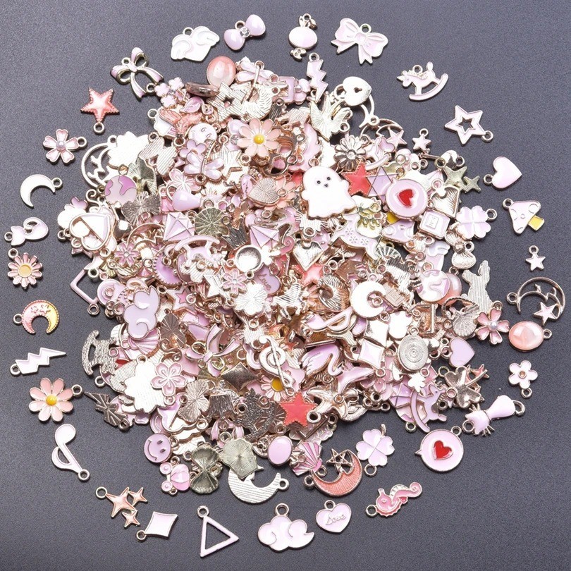 50pcs Pink Enamel Charms Mixed Animal Heart Flower Moon DIY Jewelry