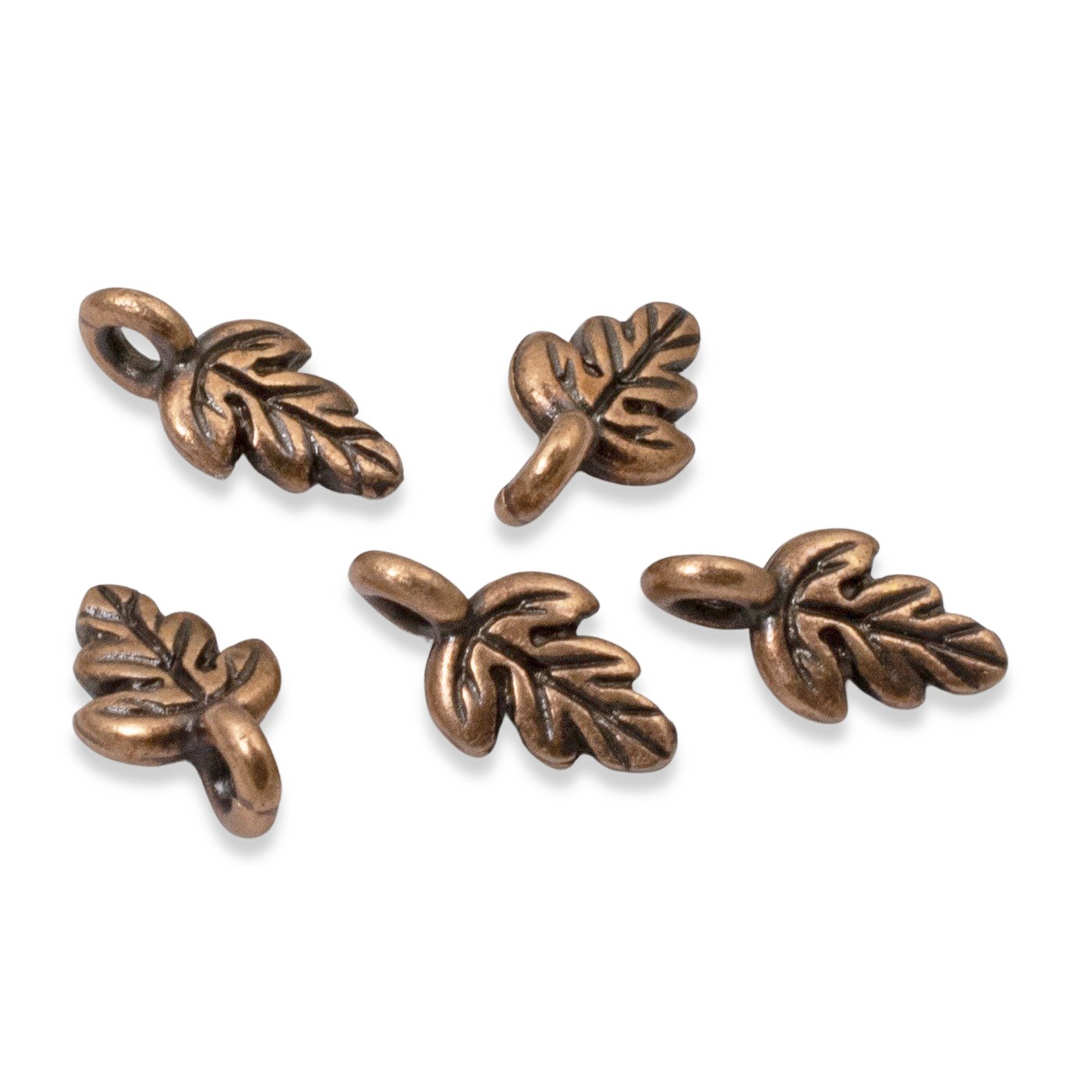 5 Petite Antique Copper Oak Leaf Charms – Detailed & Large Hole for Cord