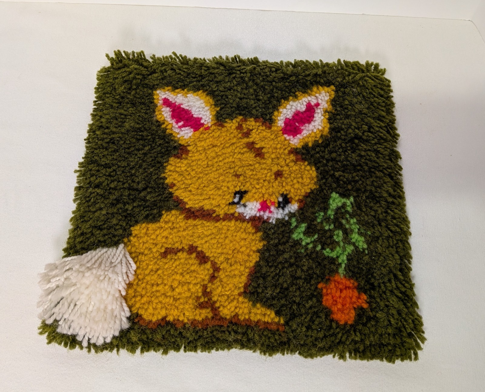 Two Vintage 1980s Latch Hook 12″ Squares – Puppy w/Butterflies & Rabbit w/Carrot