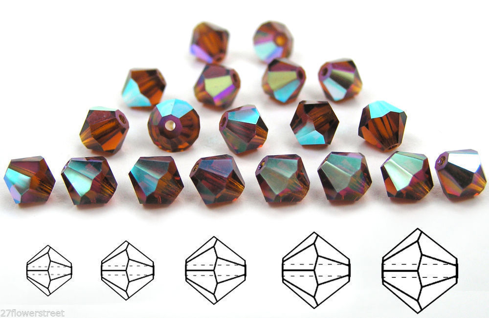 Czech Bicone Crystal Beads Dark Topaz AB coated brown crystal Rondelle Diamond