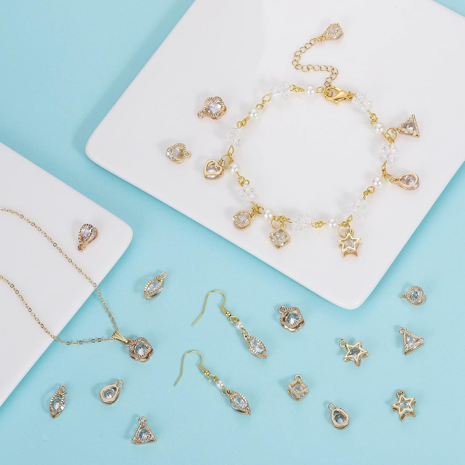 45Pcs Alloy Cubic Zirconia Charms Rhinestone Crystal Charms Pendants Star Heart