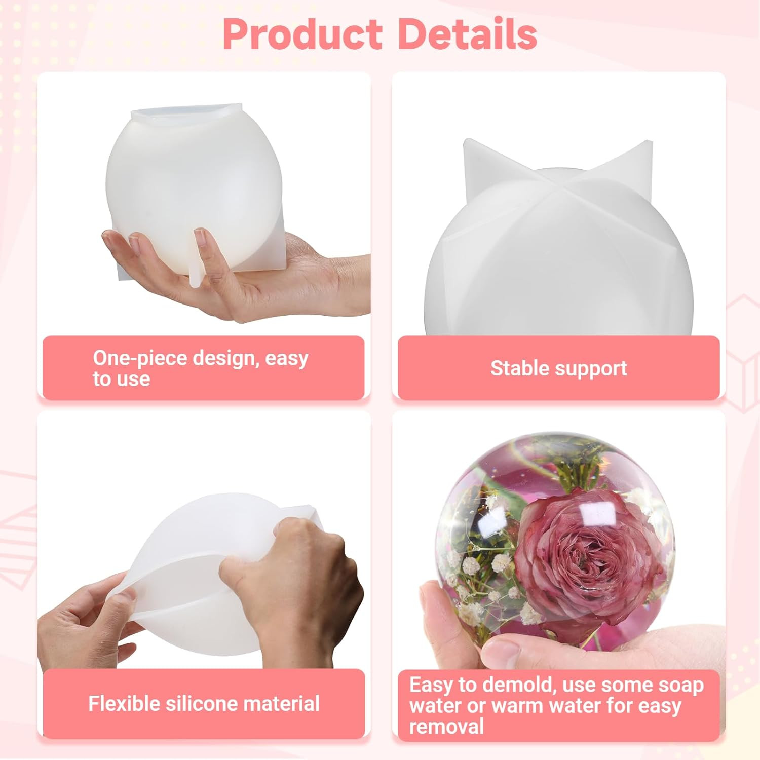 Sphere Resin Mold, Ball Shape Silicone Molds, One-Piece 3D Seamless Globe Epoxy