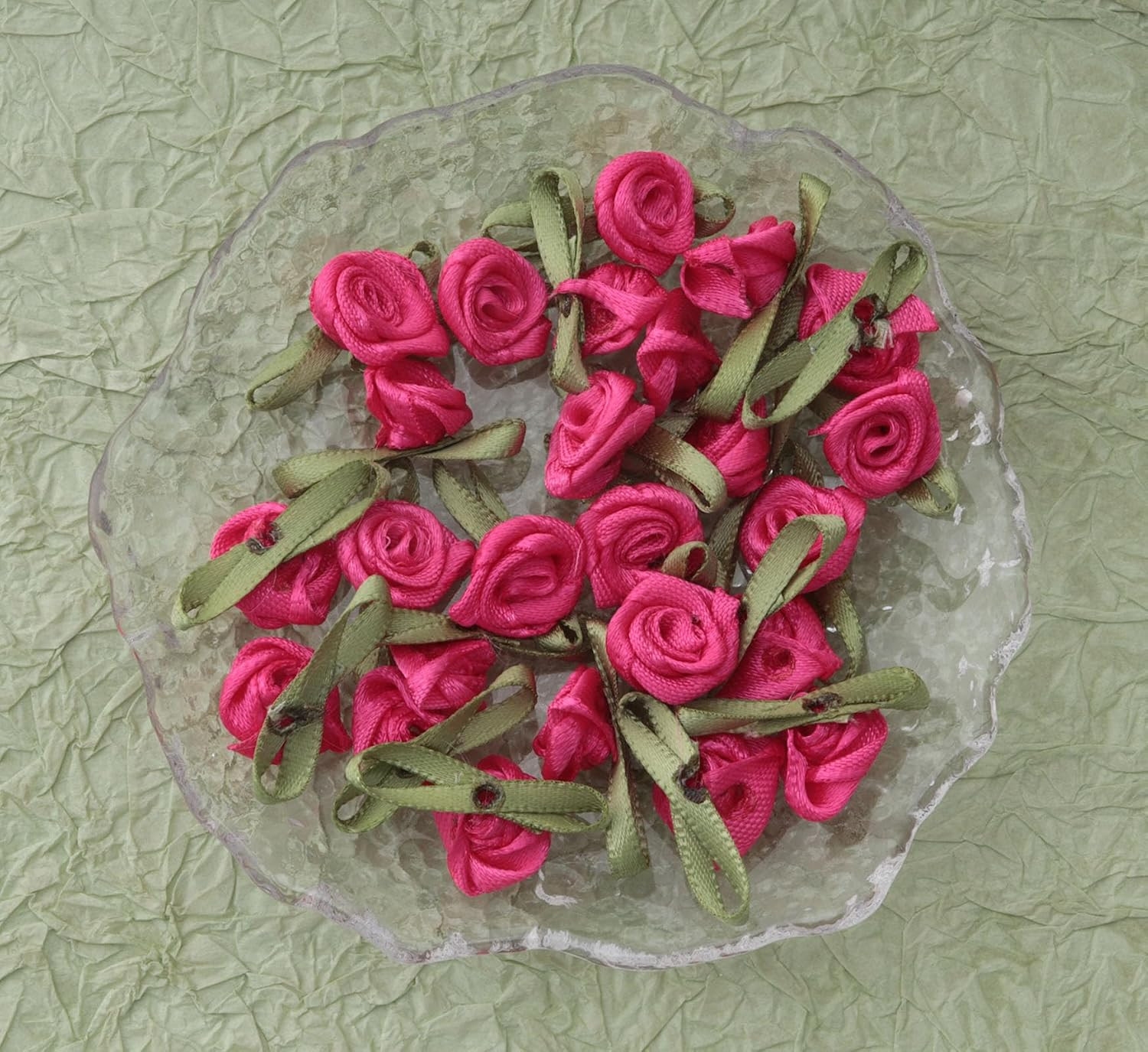 50 Pcs Satin Roses with Green Leaves Mini Cute Ribbon Bows Fabric Artificial Flo