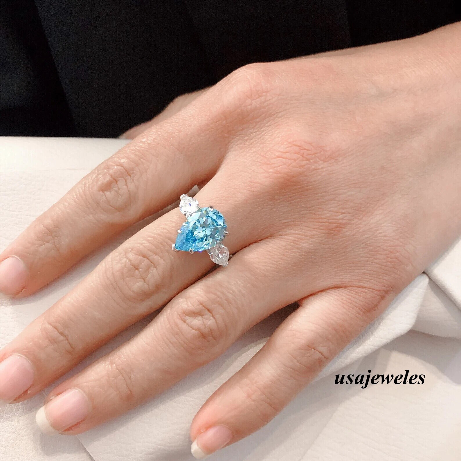 4CT Pear Shape Real Aquamarine 14K White Gold Over Wedding 3-Stone Jewelry Ring