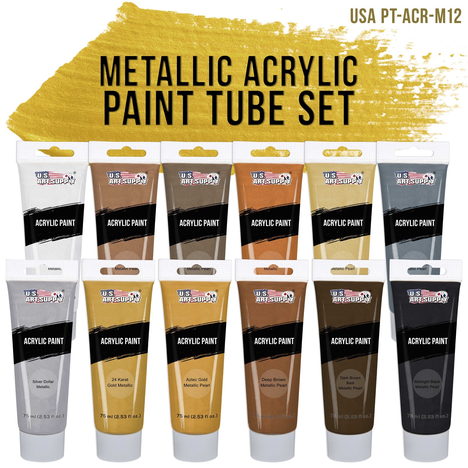 12 Color Set of Metallic Acrylic Paint, 75ml Tubes, Pearl, Artists, Canvas, Wood