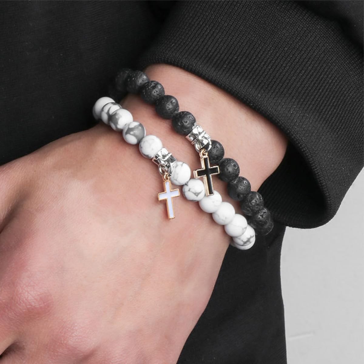 2 Pieces White Turquoise Black Beaded Bracelet for Women Unisex Cross Pendant Co