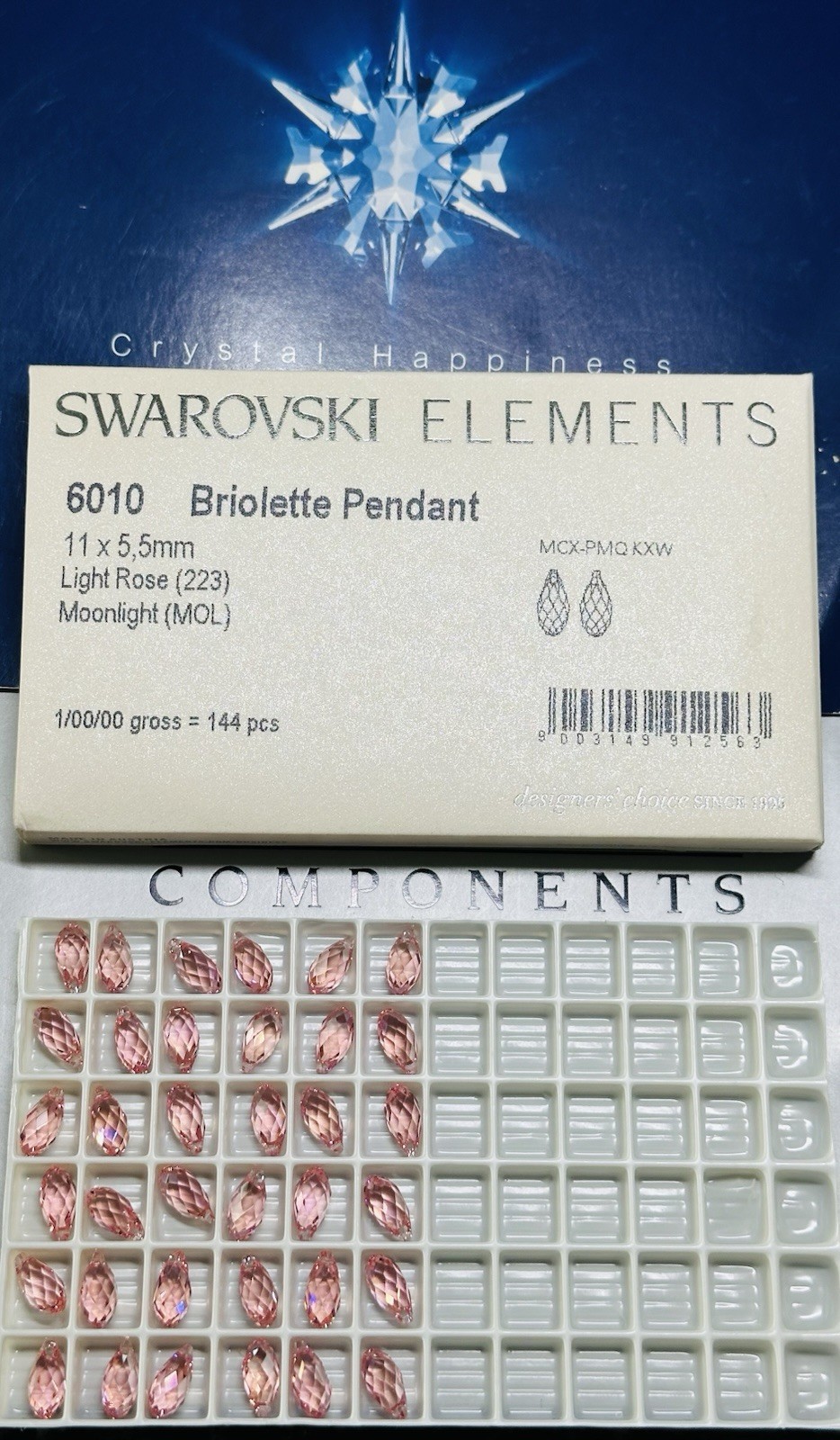 Swarovski Briolette Pendant 6010 11×5.5 mm Light Rose Moonlight 12Pcs Austria