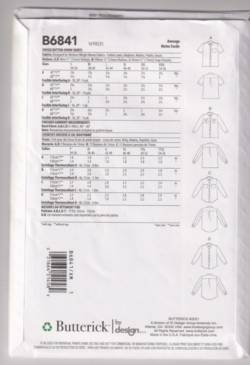 6841 BUTTERICK Palmer/Pletsch – Button Down SHIRTS – UNISEX Adult Sz S/M/L