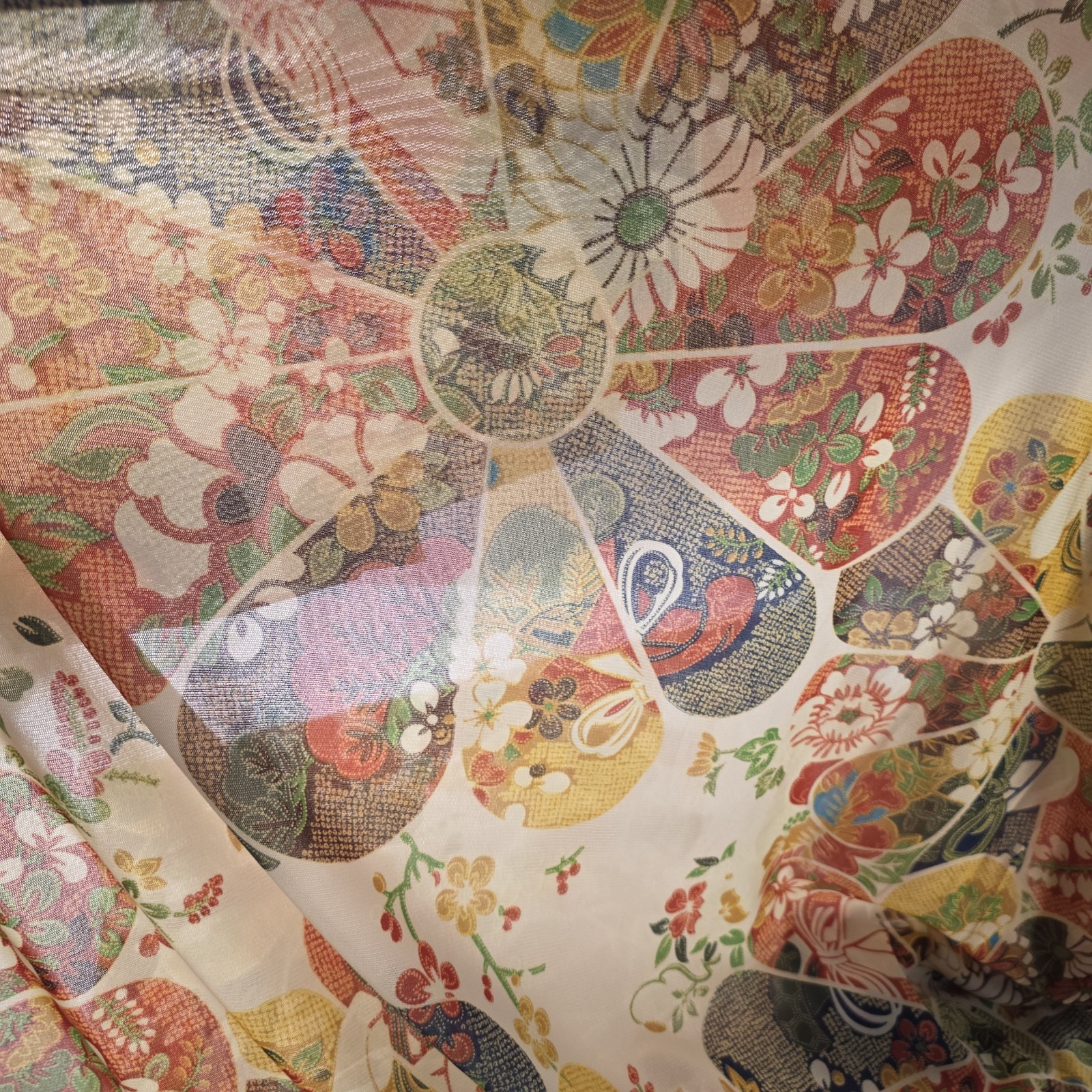 Vintage Japanese Fan Motif Fabric Bolt Polyester Kimono Floral 3.4 Yd Wide…