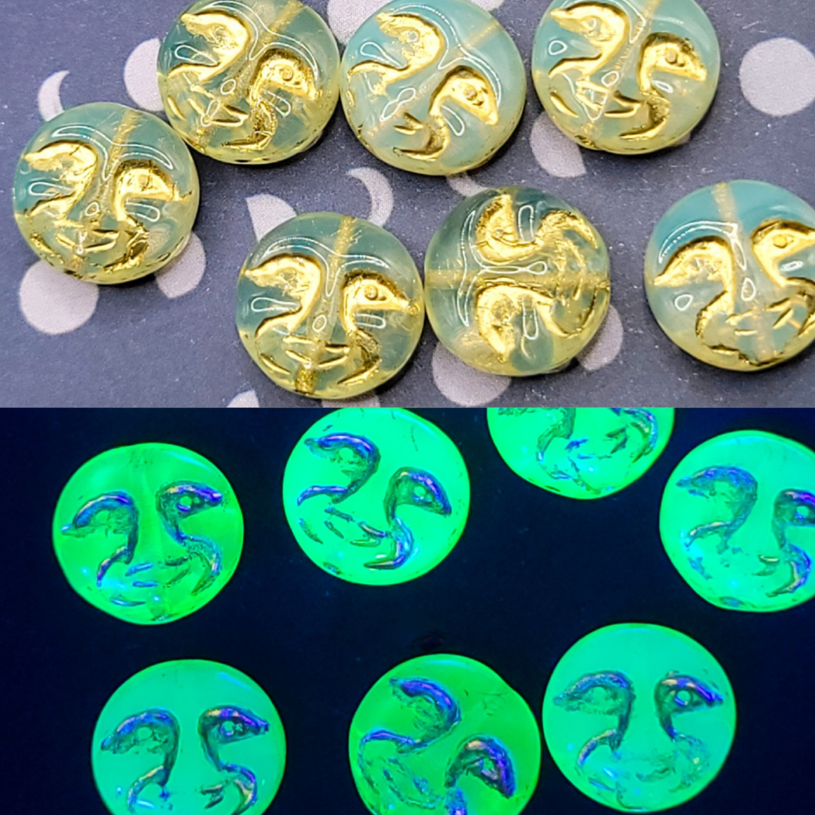 Moon Face Uranium Glass Beads 13mm Yellow Czech 10pcs