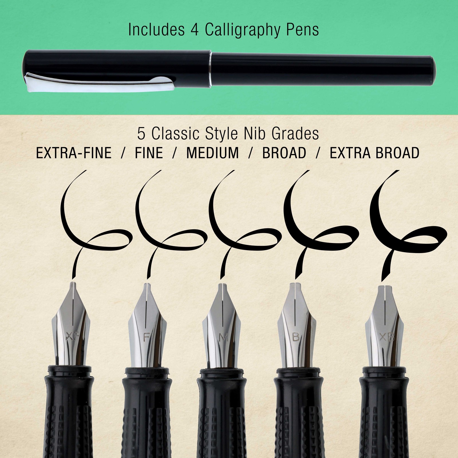 35pc Calligraphy Pen Writing Set, 4 Pens, 5 Nib Styles, 22 Ink Cartridges, Pad
