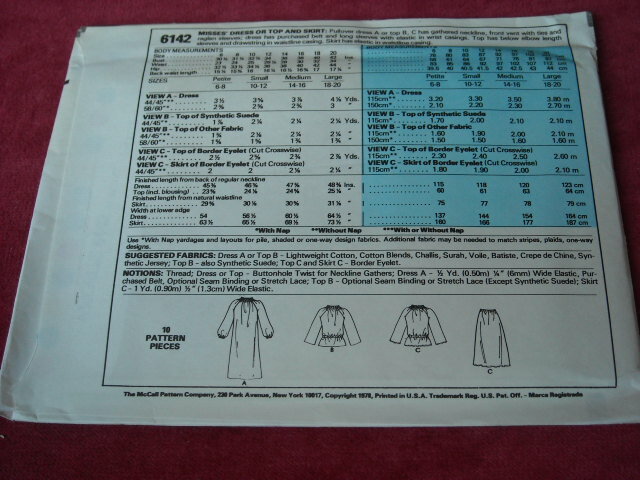 💐1978 UNCIRCULATED McCALL’S #6142 – LADIES DRESS-TOP & SKIRT PATTERN PT-LG FF