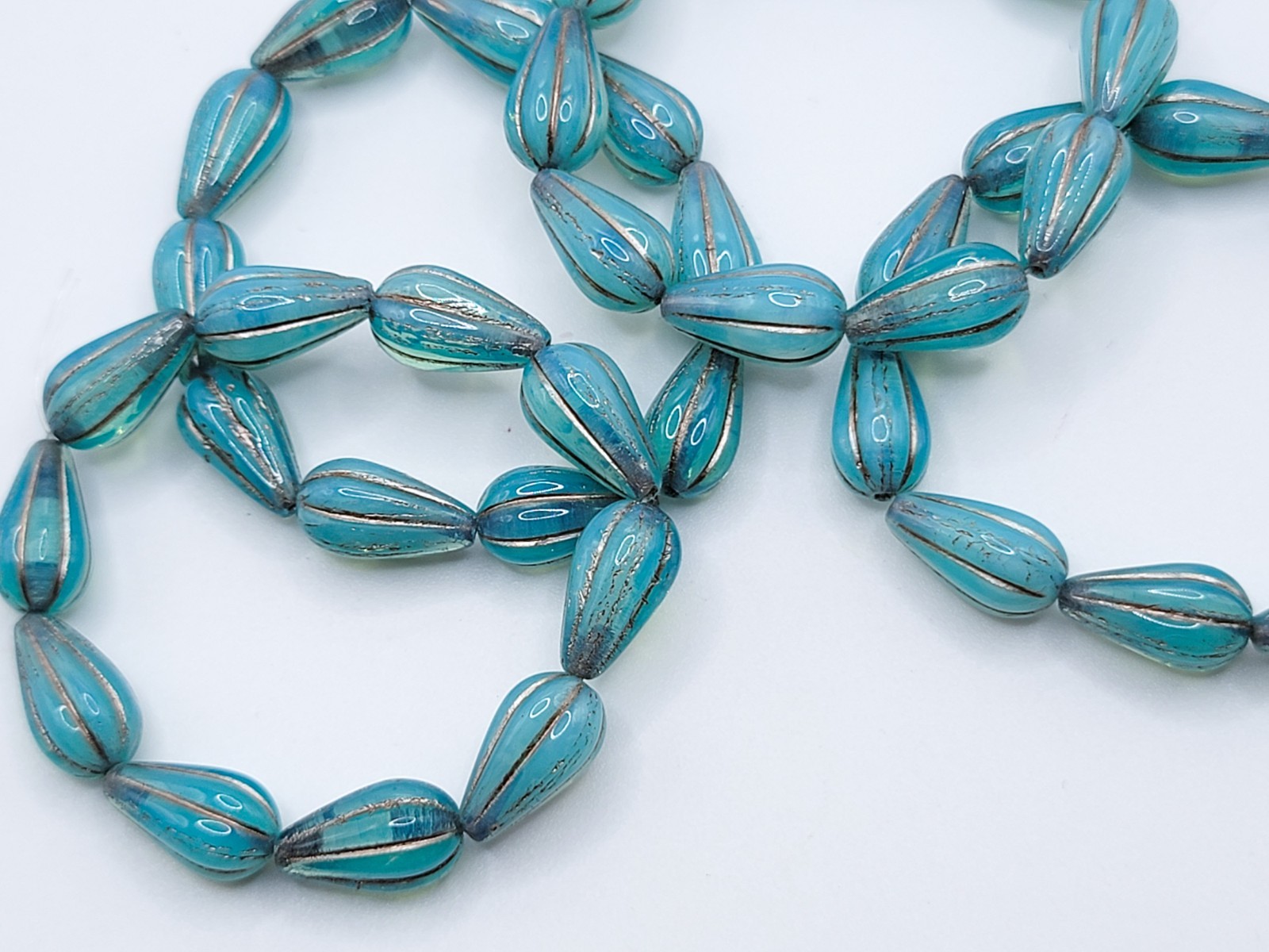 Melon Drop Uranium Glass Beads 13x8mm Czech Blue Opal Silver Wash 10pc Strand