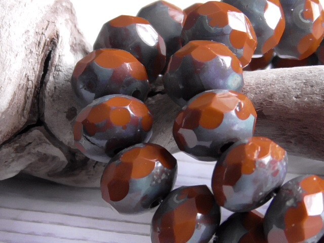 10 – 9x6mm CZECH TERRA COTTA BROWN PICASSO FACETED DONUT RONDELLE GLASS BEADS