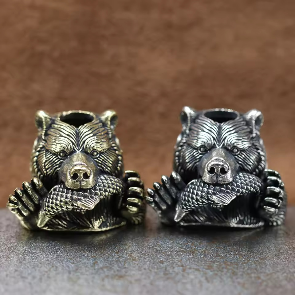 Bear With Salmon Brass Knife Bead EDC Paracord Lanyard DIY Outdoor Charm Pendant