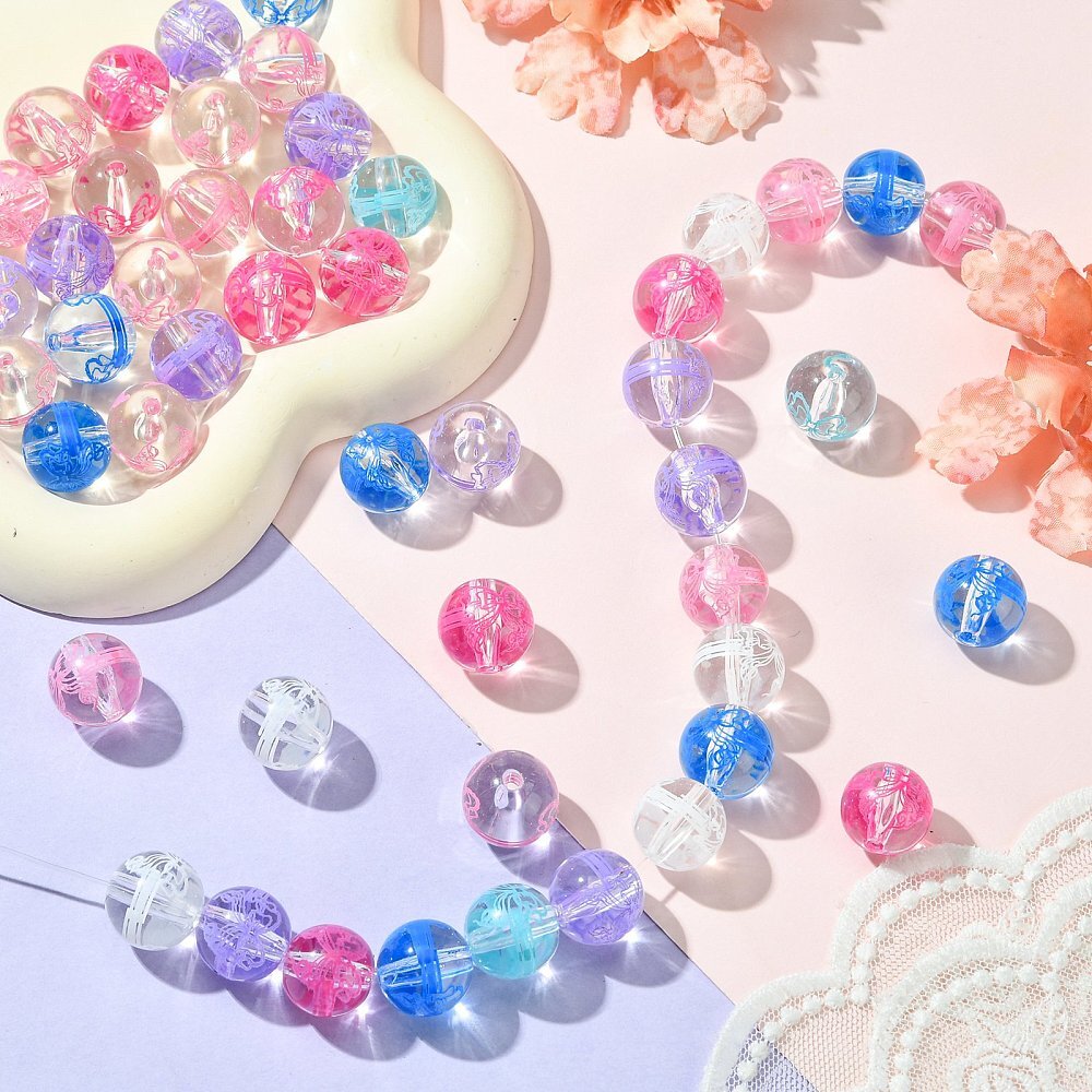 50pcs 15.5mm UV Plating Transparent Acrylic Beads with Flower for DIY Jewelry