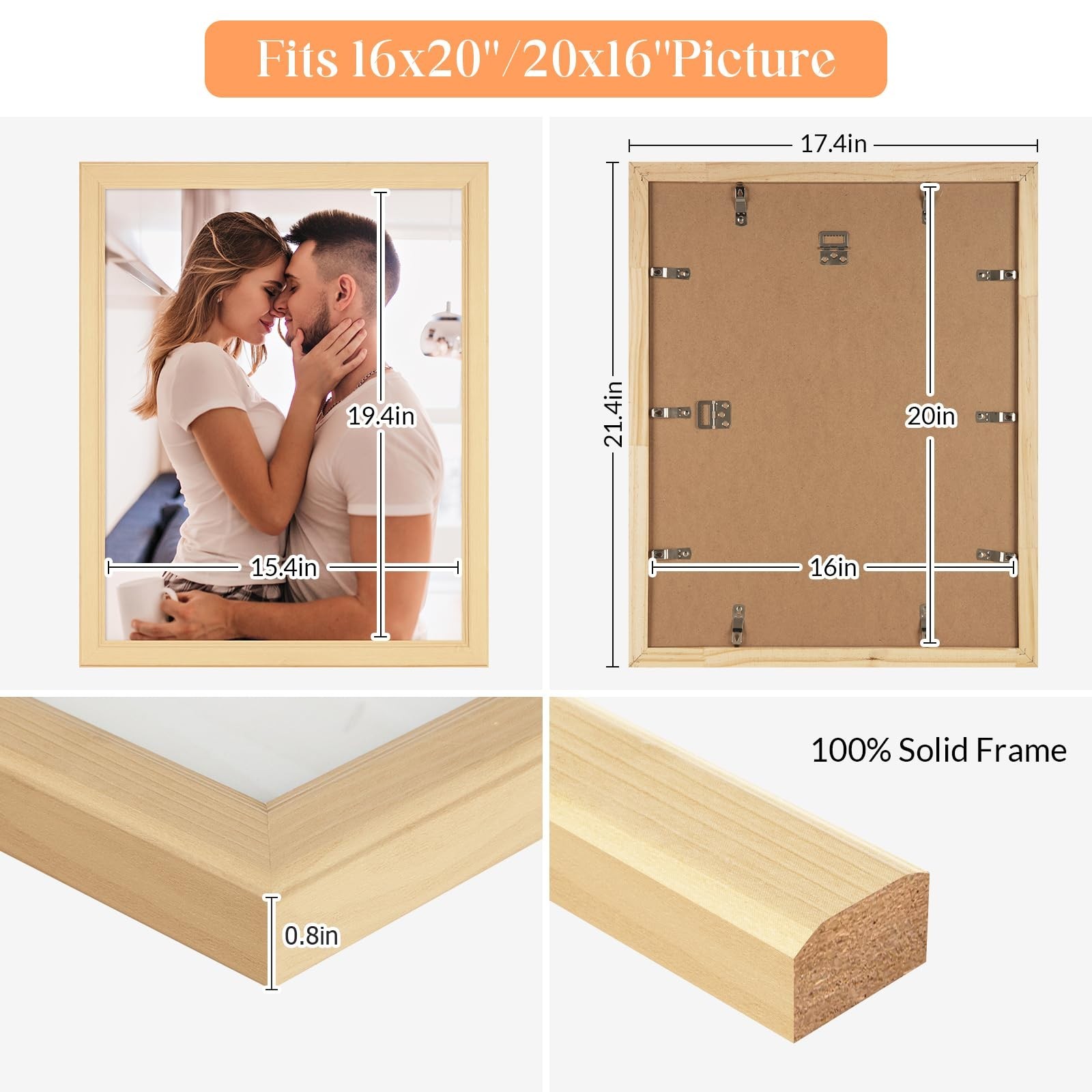 16×20 Wood Picture Frame, Rustic Natural 20x16in Woodgrain Frame, Modern Beig…