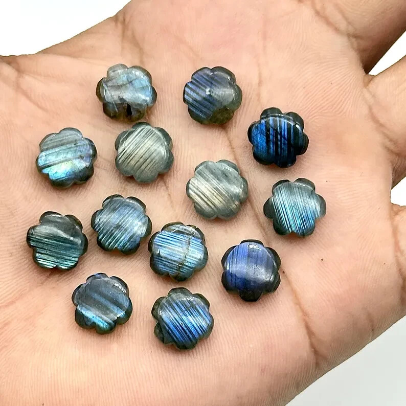 5 Pcs Beautiful Labradorite Carved Flower Shape Carvings Gemstones 10mm