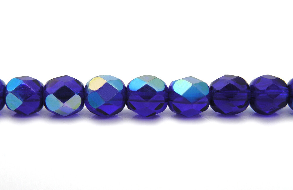Czech Fire Polished Round Faceted Beads in Cobalt Blue AB coated 16″ strands