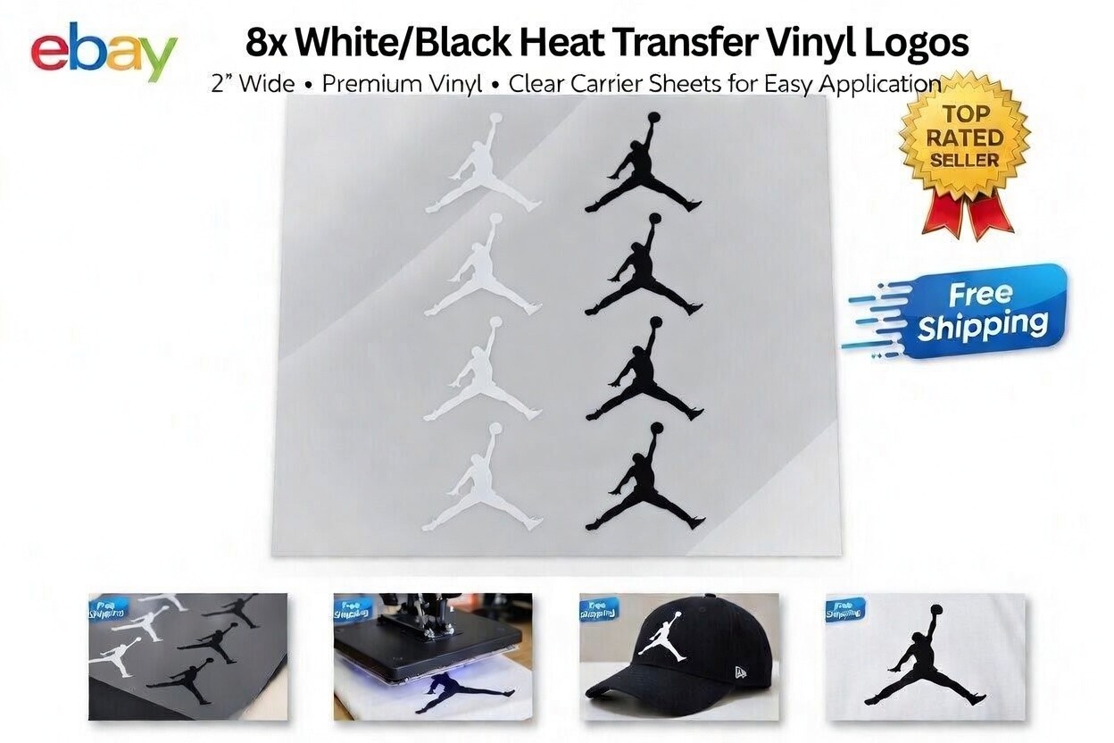8x JORDAN jumpman White & Black Heat Transfer Vinyl Logos