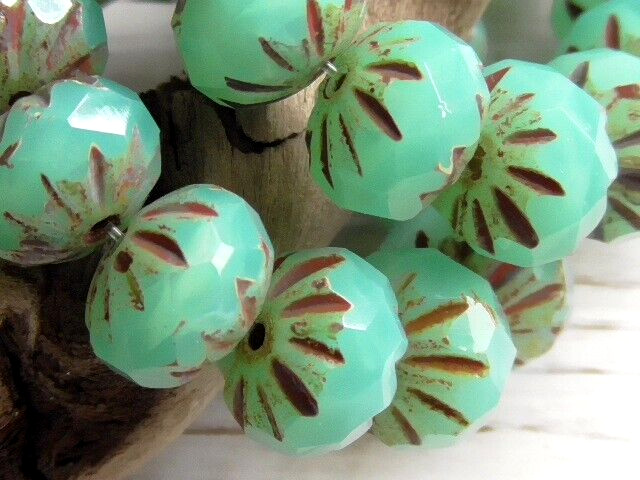 8 – 10x7mm CZECH OPAQUE AQUA BLUE OPAL PICASSO ETCHED FACETED GLASS CRULLER BEAD
