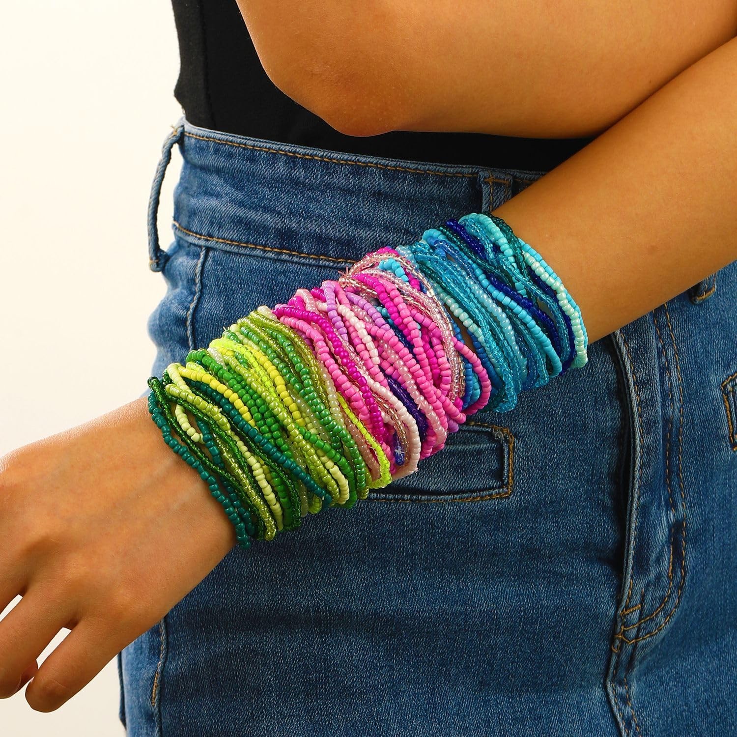 30Pcs Colorful Bohemia Seed Beaded Bracelets Rainbow Bead Stackable Stretch – 02