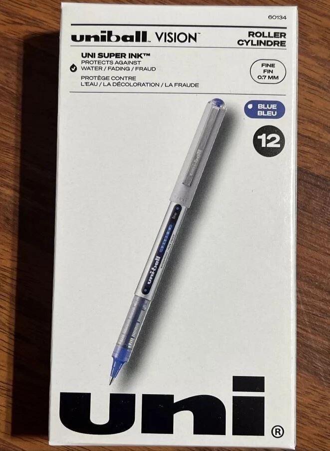 uni-ball Vision Rollerball Pens Fine Point 0.7mm Blue Ink 12-Pack (60134)